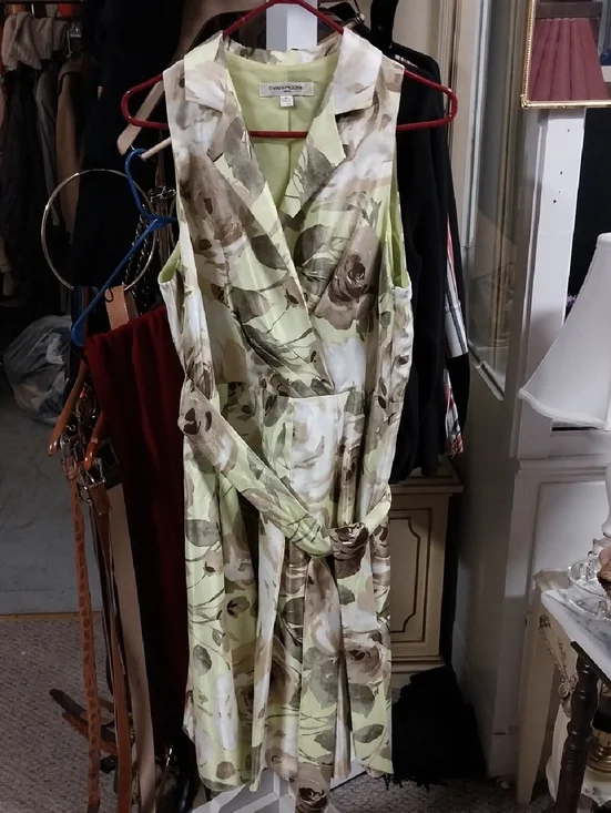 Evan Picone Floral Sleeveless Faux Wrap Dress in Light Green and Taupe - Picture 1 of 4